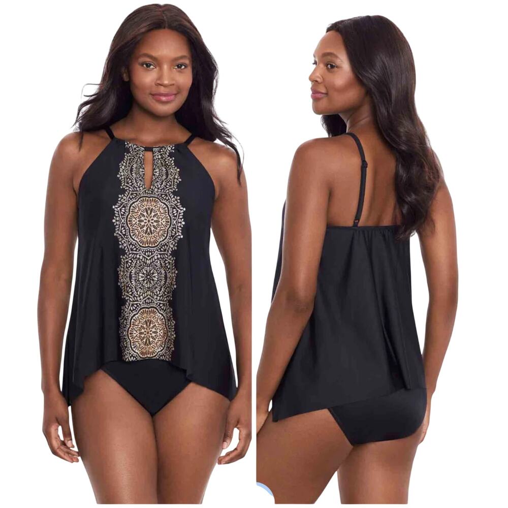 Miraclesuit NWT Black Gold Cappadocia Peephole Tankini Top Size 8 Soft Bra Top